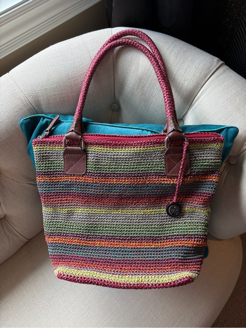 The Sak Crochet Knit Multicolor Tote Shoulder Bag Boho Striped Large Zip Top - Picture 1 of 10